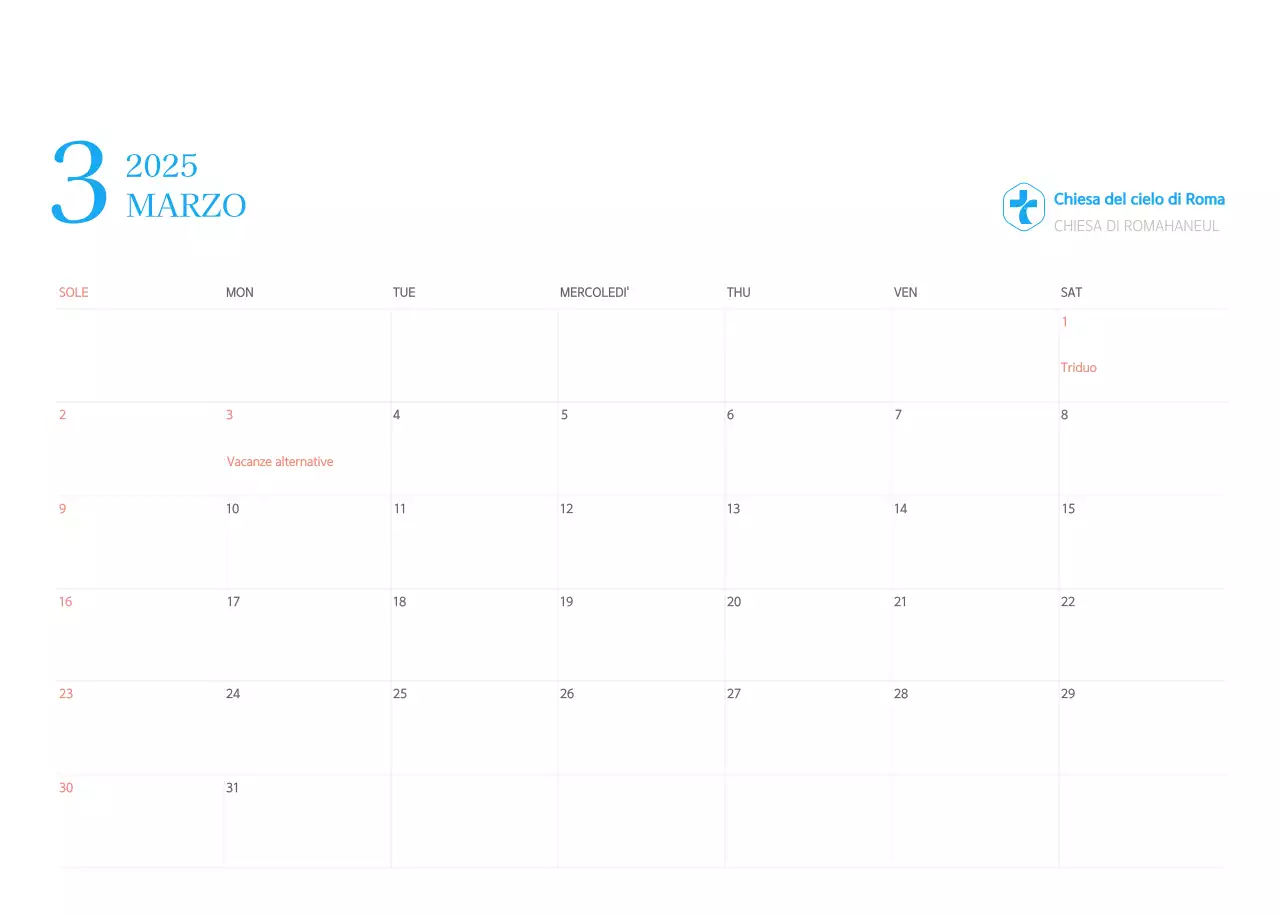 Calendario ecclesiastico blu di concezione moderna