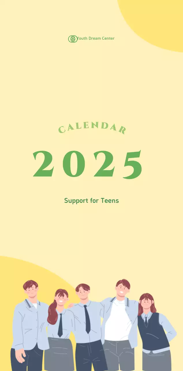 Calendar with youth illustrations on a yellow-green background