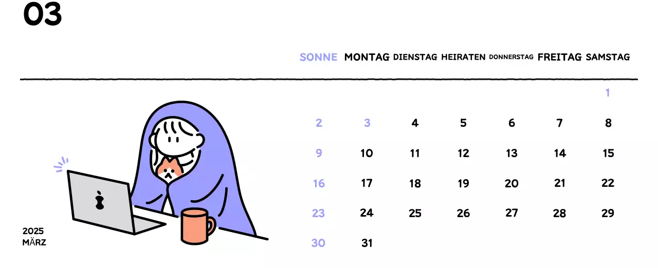 Illustrierter Kalender mit schönem Linienstil