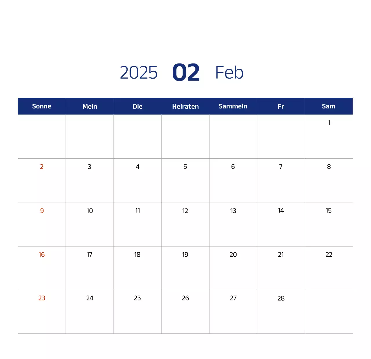 Einfacher Kalender mit blauen, klaren Illustrationen