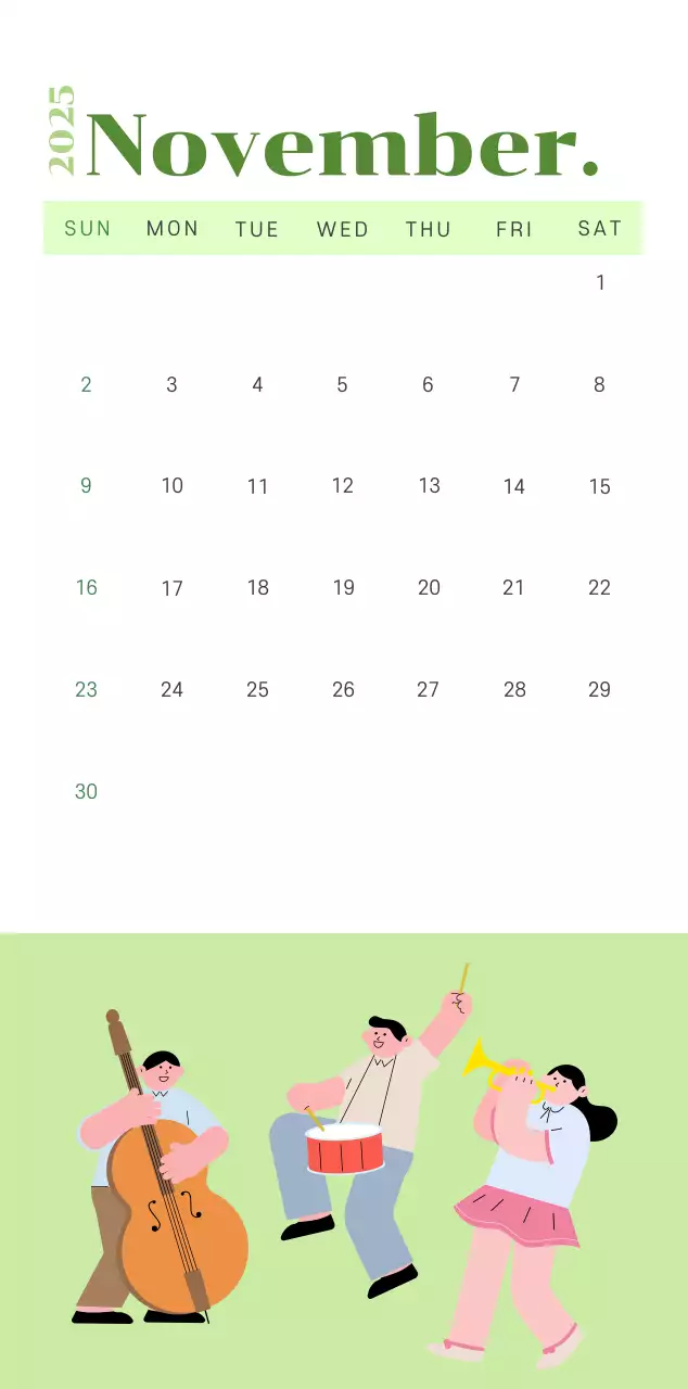 Calendar with youth illustrations on a yellow-green background