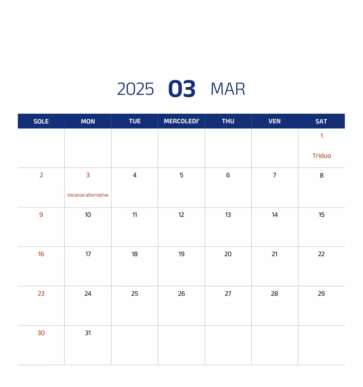 Calendario semplice con illustrazioni blu e pulite