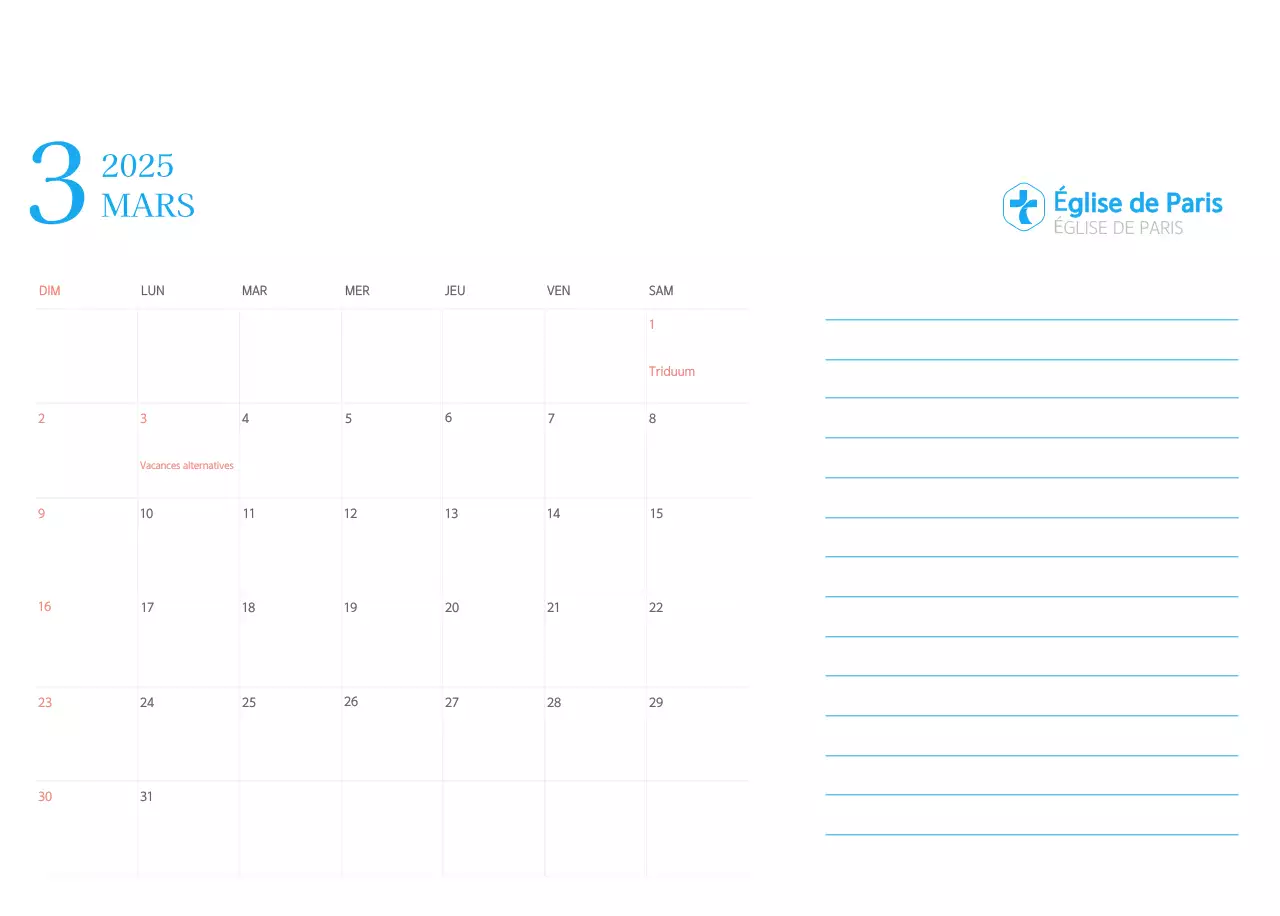 Calendrier d'église moderne bleu