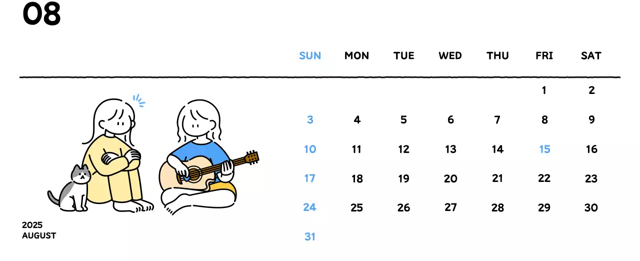 Illustrated calendar with a cute line style
