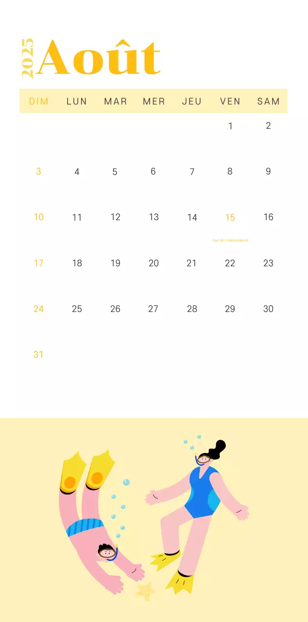 Calendrier avec illustrations de jeunes sur fond jaune-vert