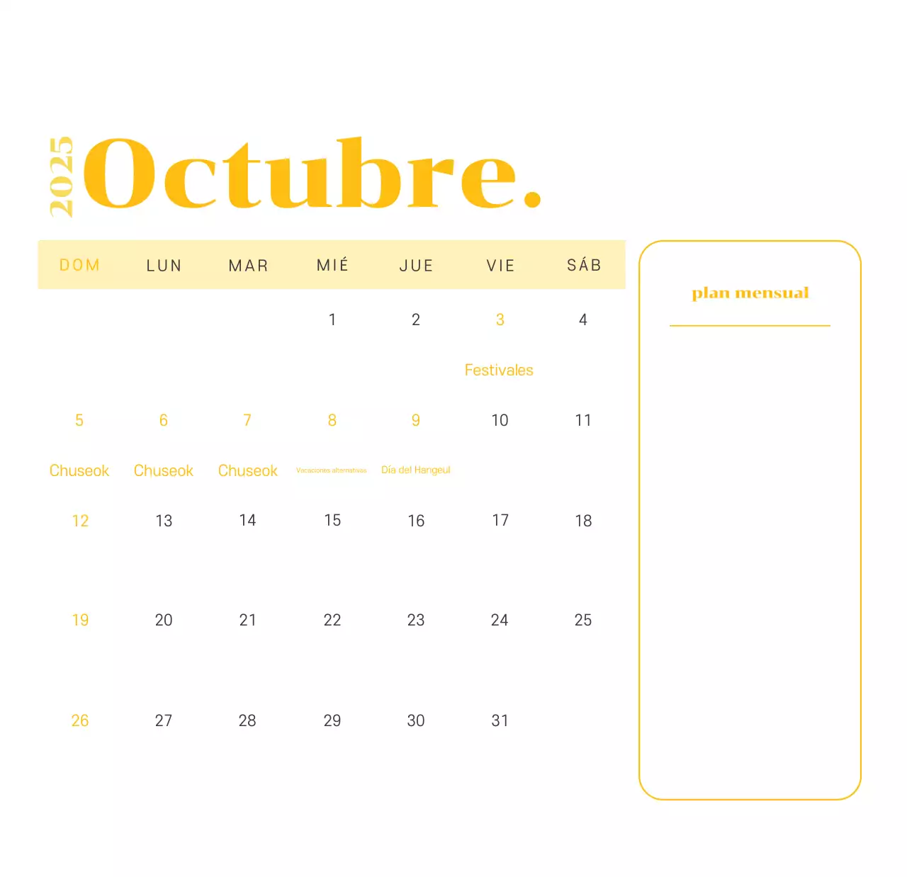 Calendario con ilustraciones juveniles sobre fondo amarillo verdoso