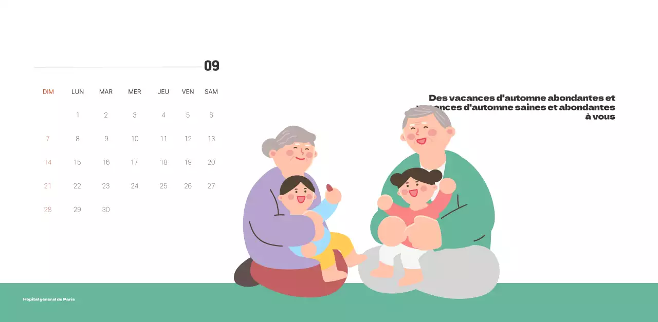 Un hôpital festif avec des illustrations sur le thème de la santé et de la famille et des accents colorés.