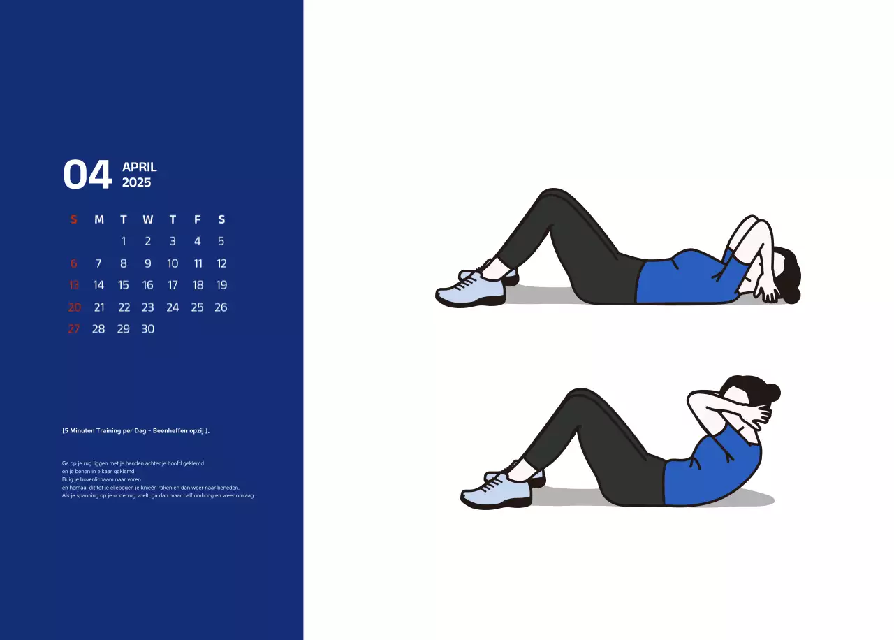Eenvoudige kalender met blauwe, strakke illustraties