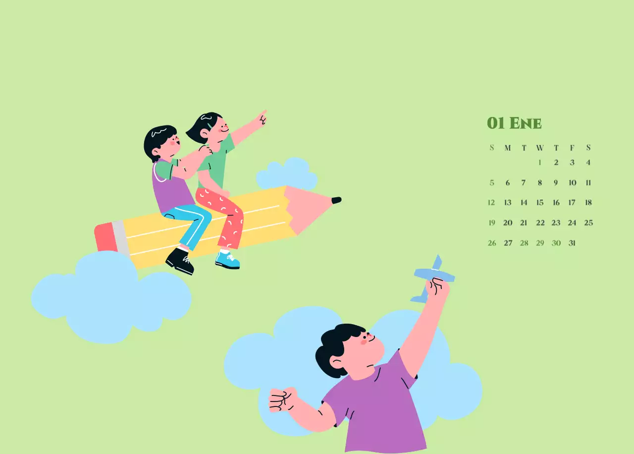 Calendario con ilustraciones juveniles sobre fondo amarillo verdoso