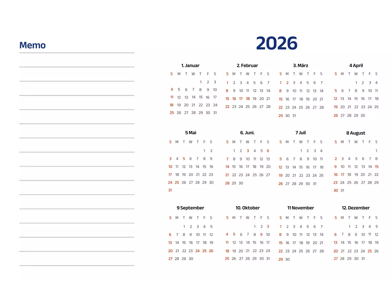 Einfacher Kalender mit blauen, klaren Illustrationen