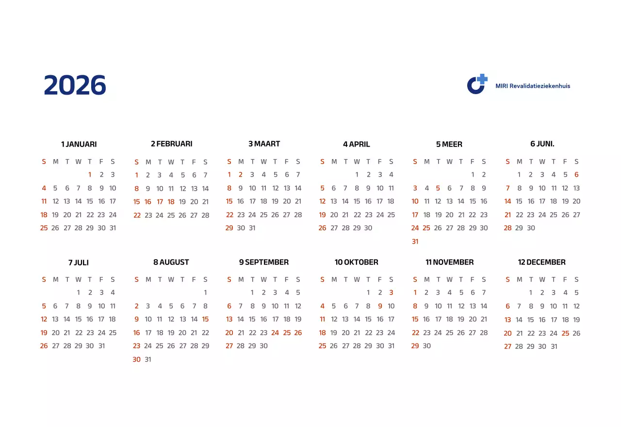 Eenvoudige kalender met blauwe, strakke illustraties