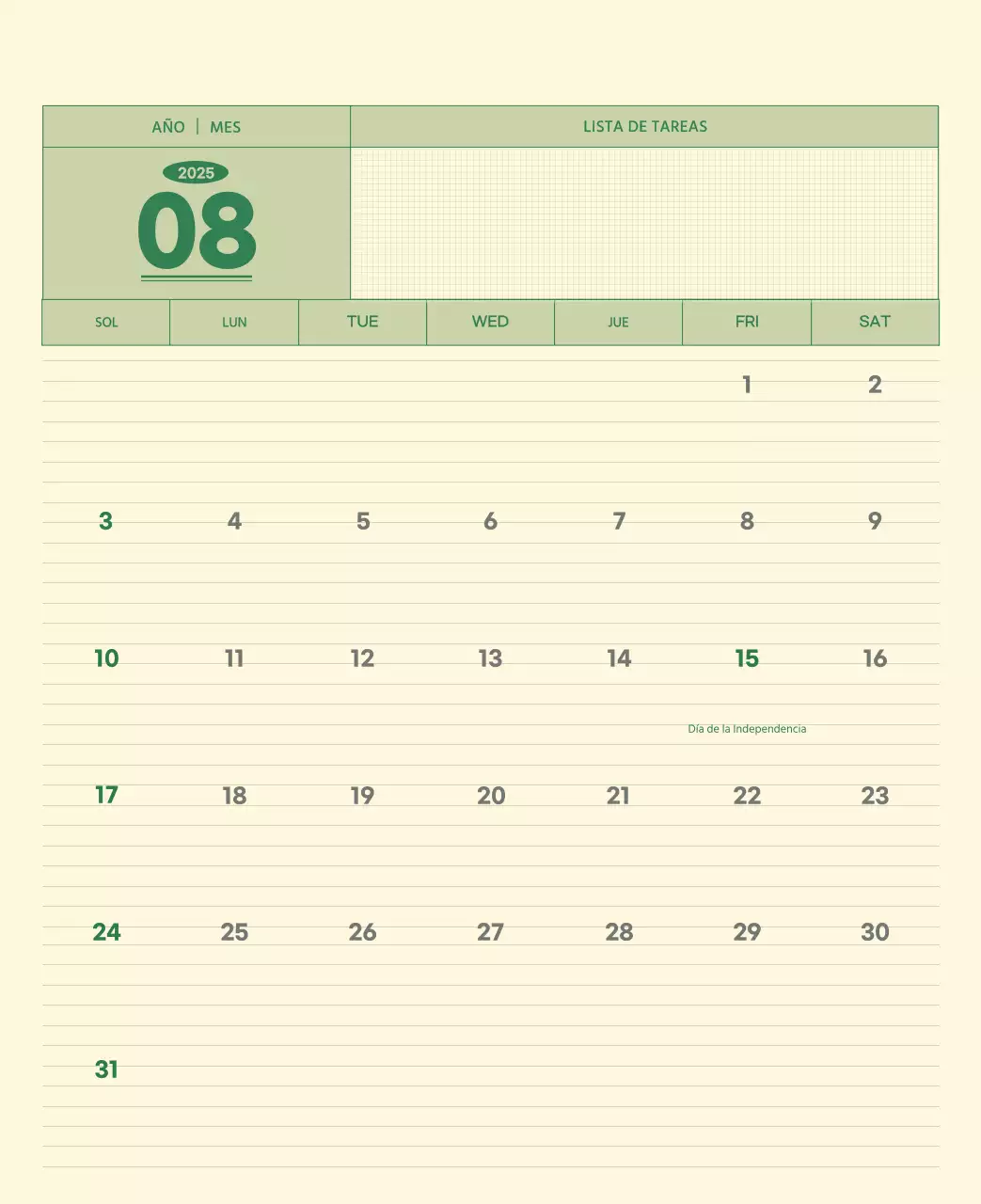 SAT Calendario de pared con concepto de bloc de notas del Día D en verde y amarillo claro