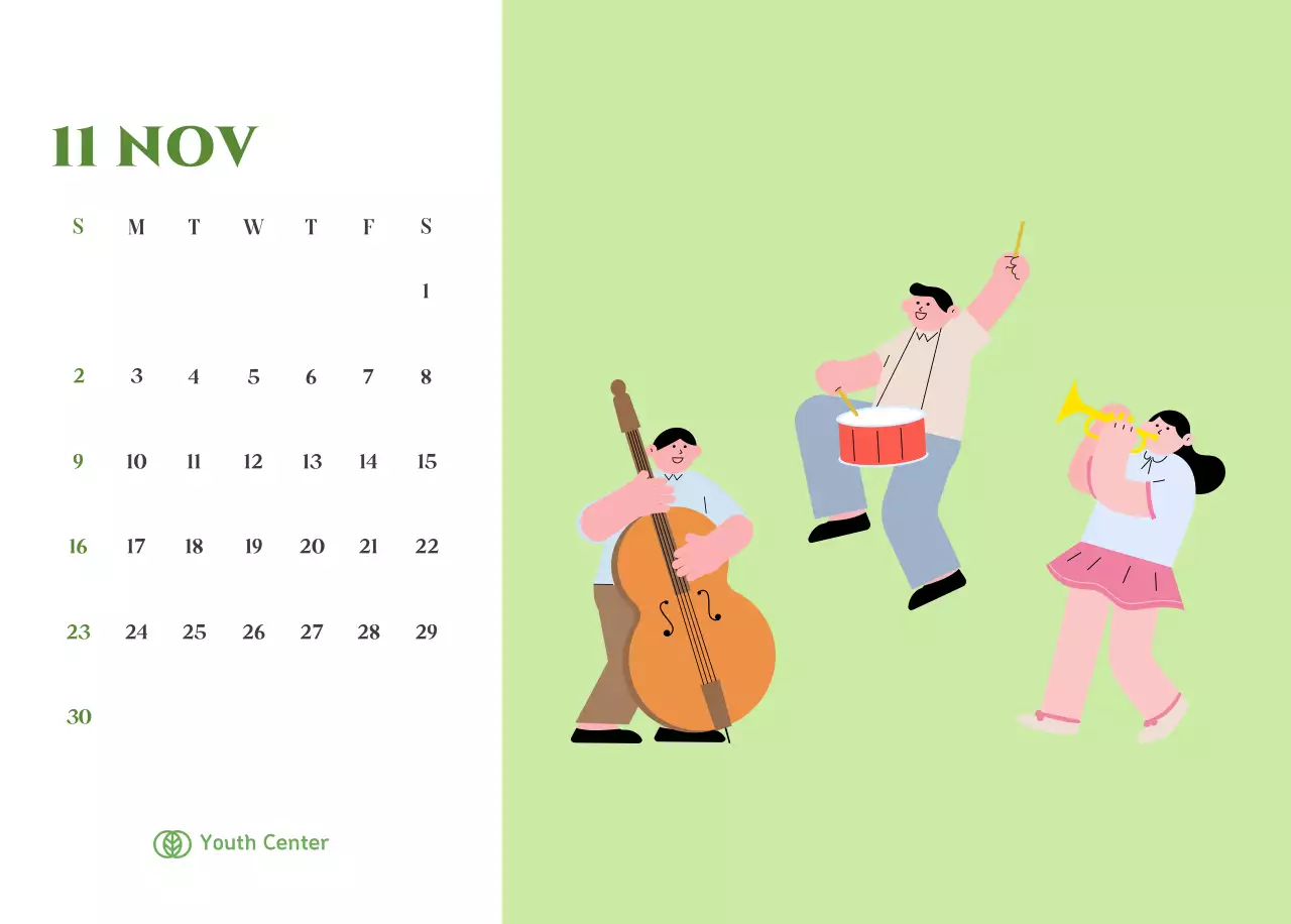 Calendar with youth illustrations on a yellow-green background