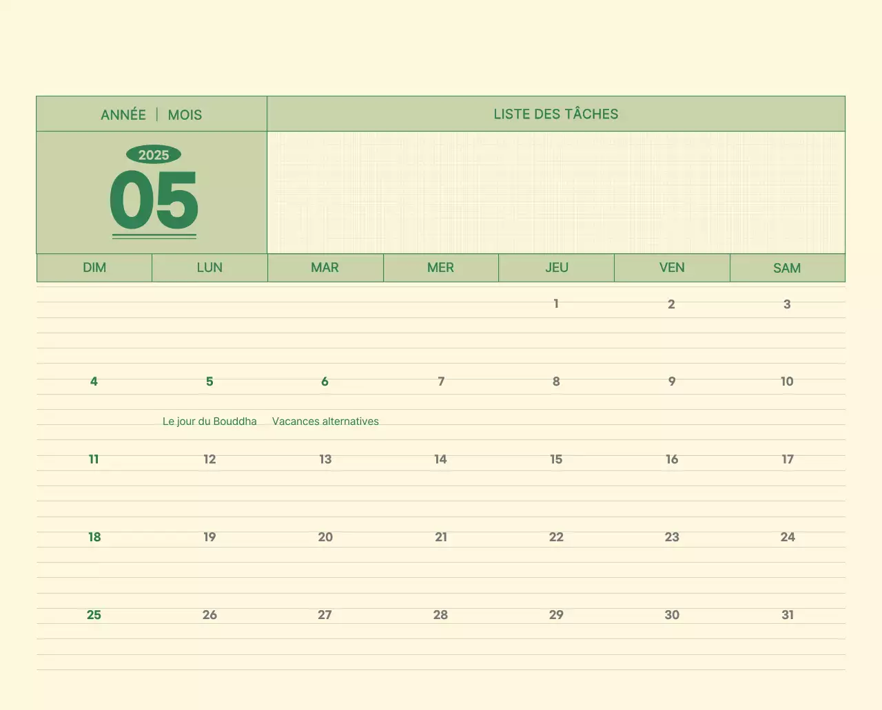 Calendrier mural SAT D-Day concept notepad en vert et jaune clair