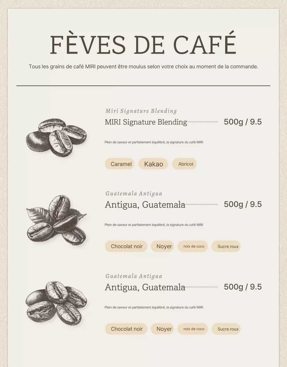 Grains de café vintage beige et marron page de détail