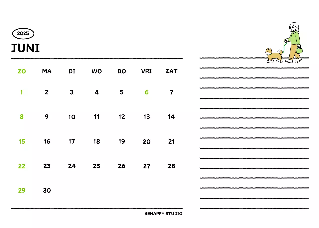 Geïllustreerde kalender met een mooie lijnstijl