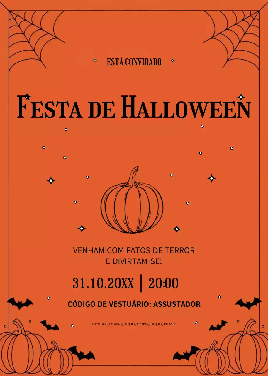 Convite de festa de Halloween preto e laranja estilo minimalista