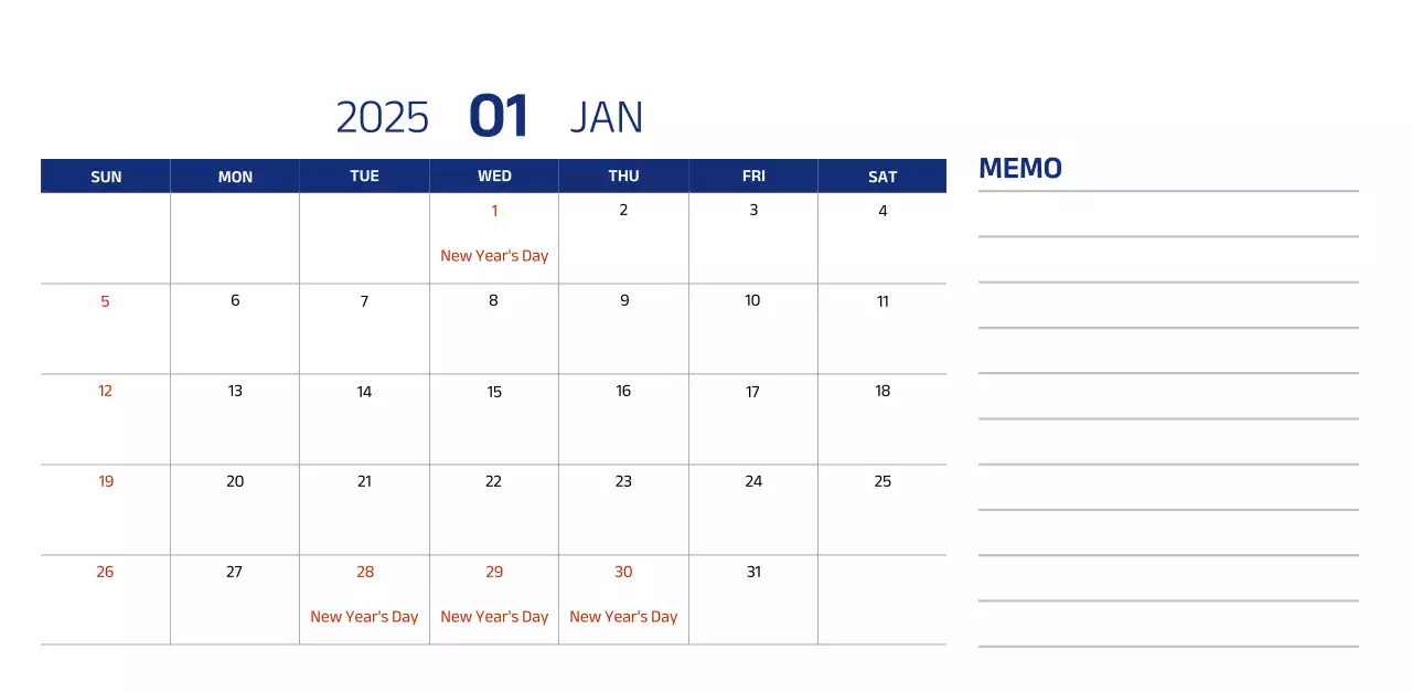 Simple calendar with blue, clean illustrations