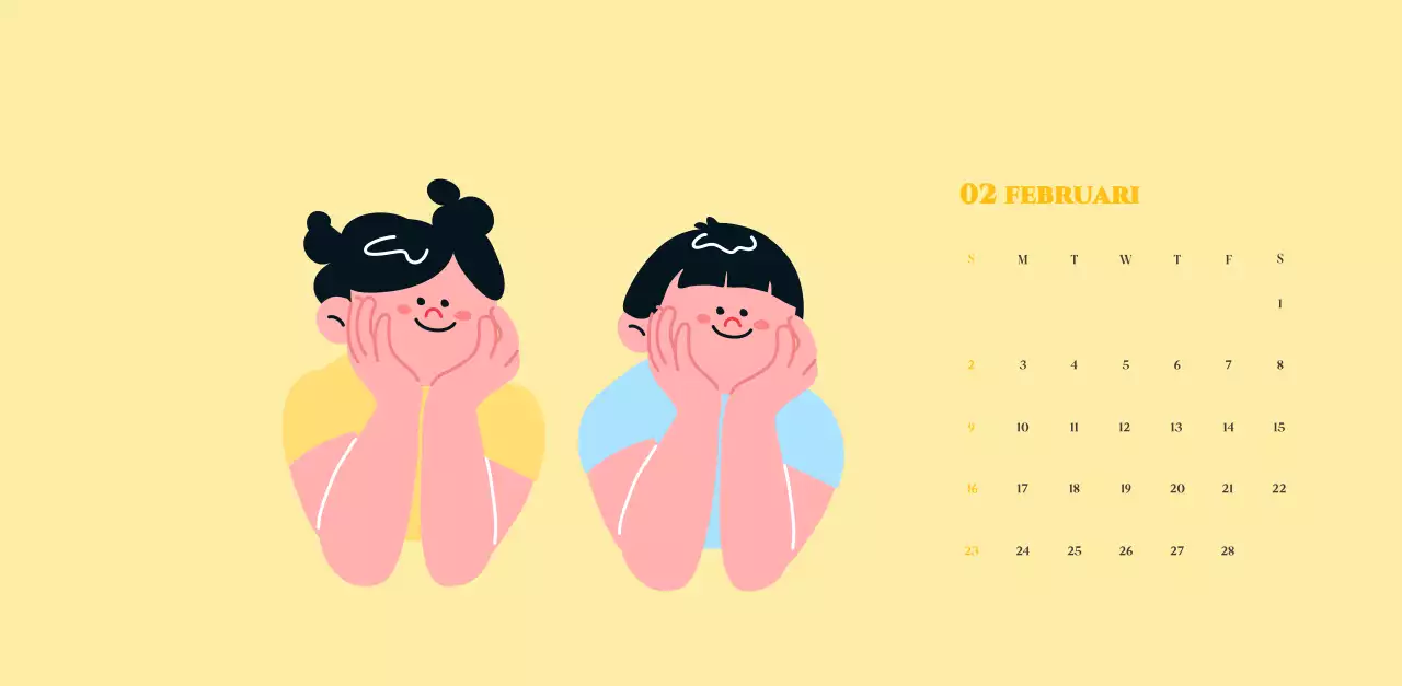 Kalender met jeugdillustraties op een geelgroene achtergrond