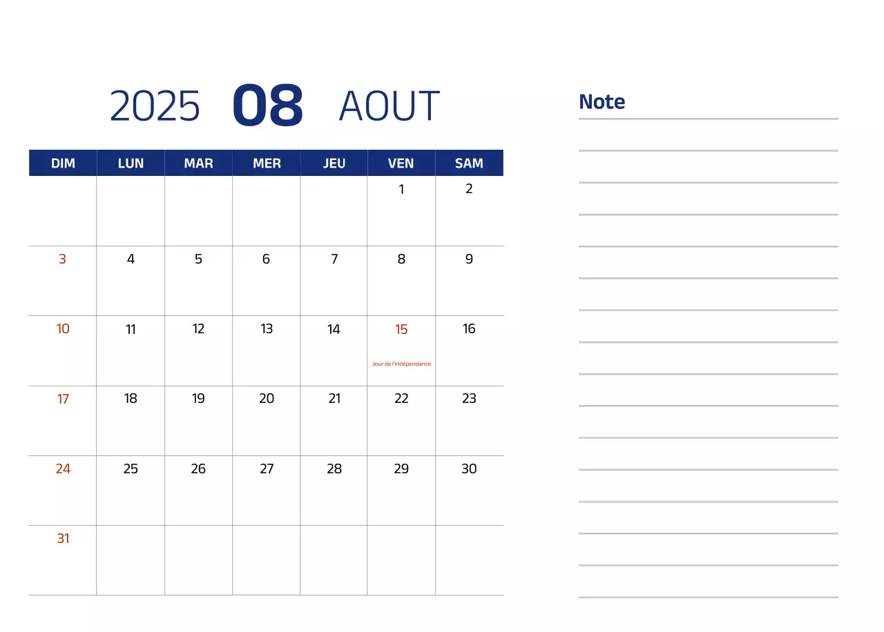 Calendrier simple avec des illustrations bleues et épurées