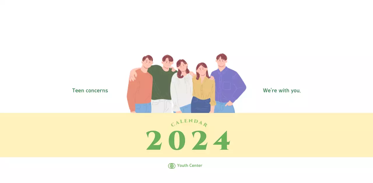 Calendar with youth illustrations on a yellow-green background