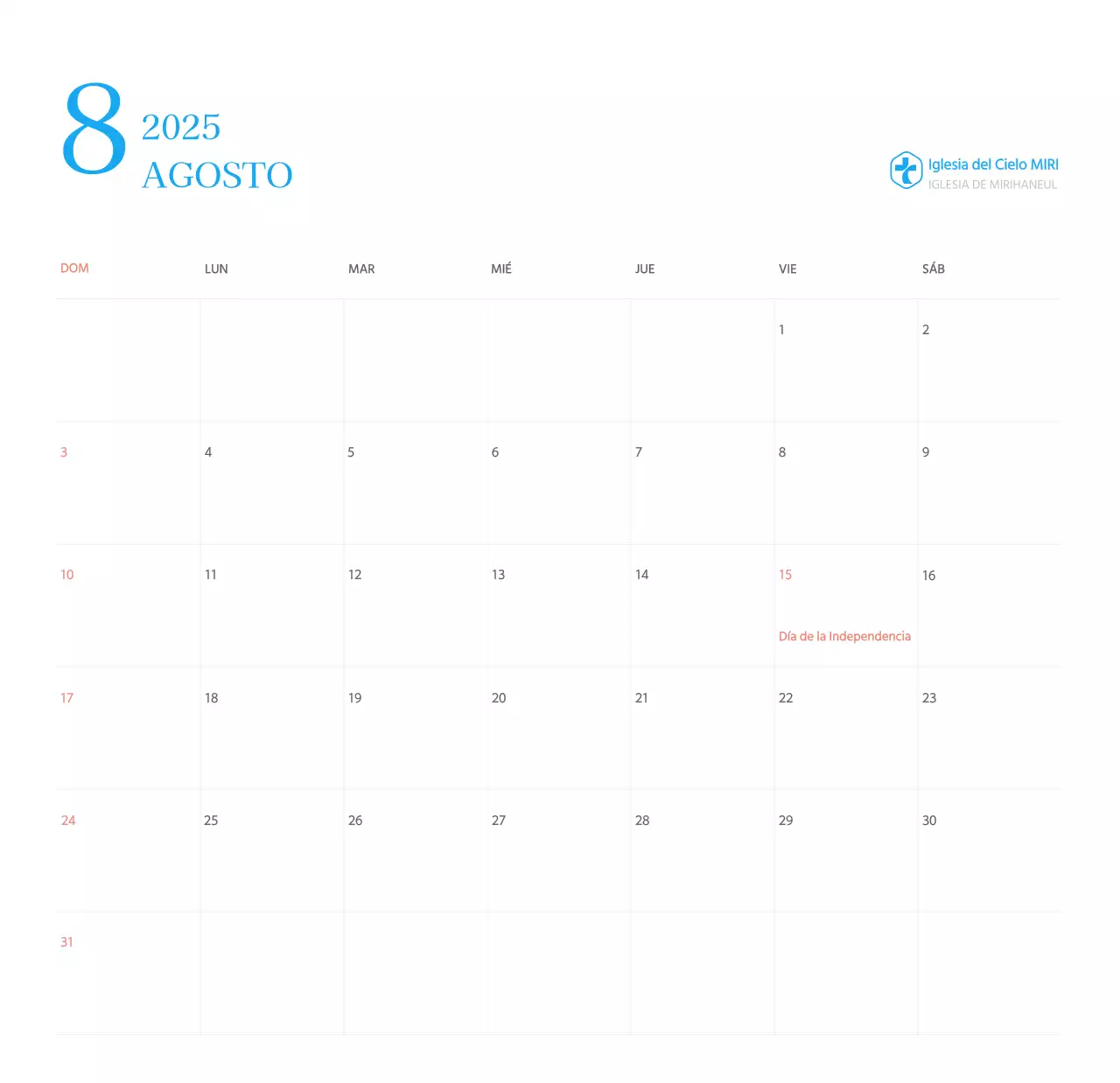 Calendario eclesiástico azul de concepto moderno