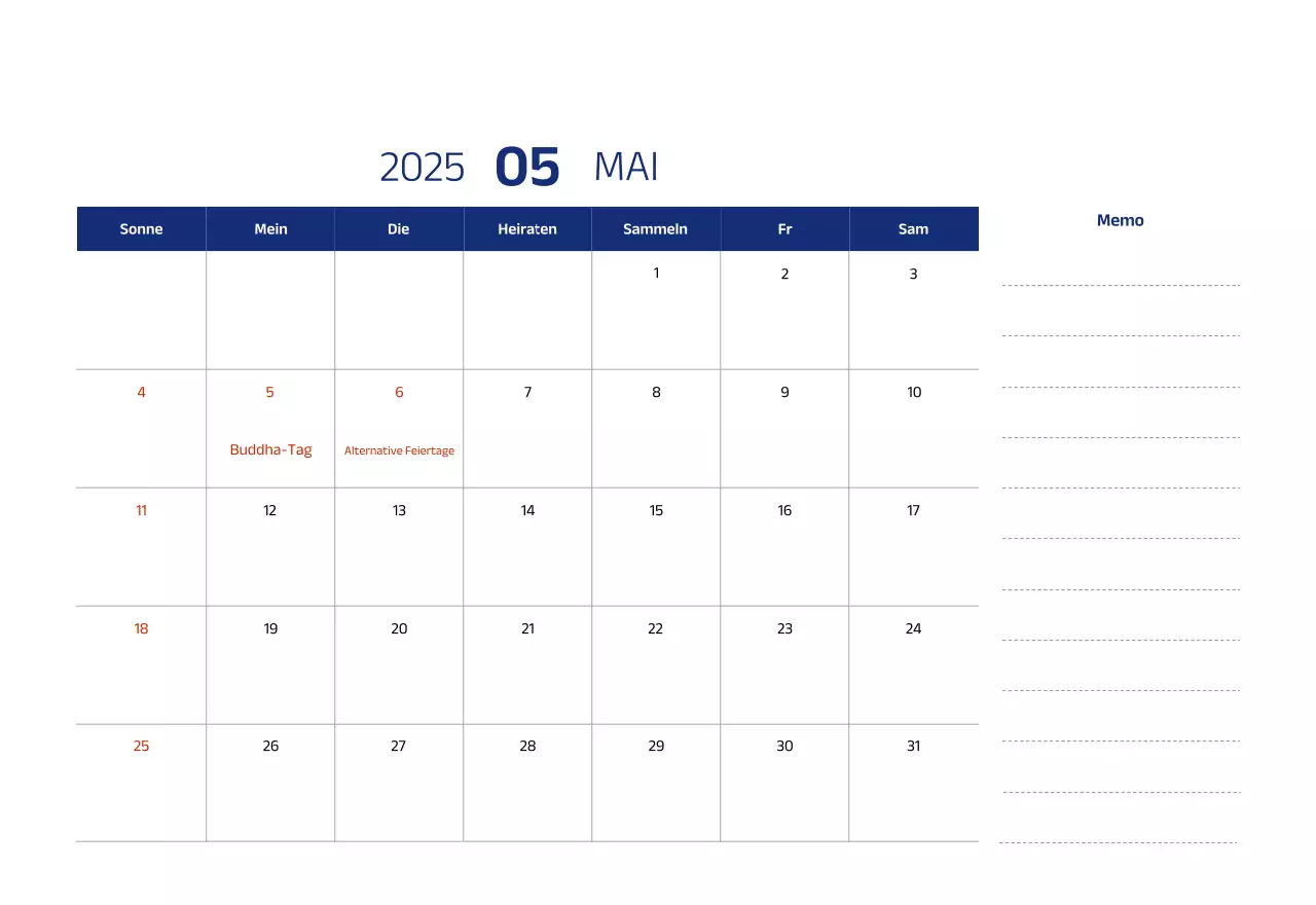 Einfacher Kalender mit blauen, klaren Illustrationen