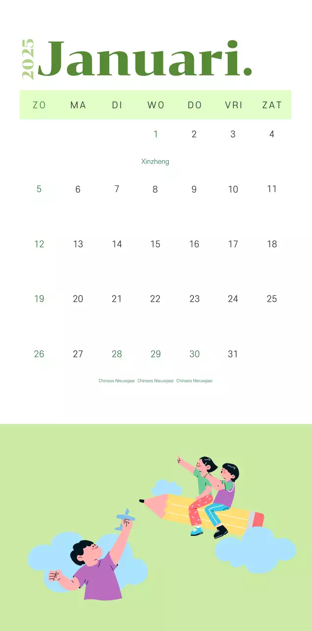 Kalender met jeugdillustraties op een geelgroene achtergrond