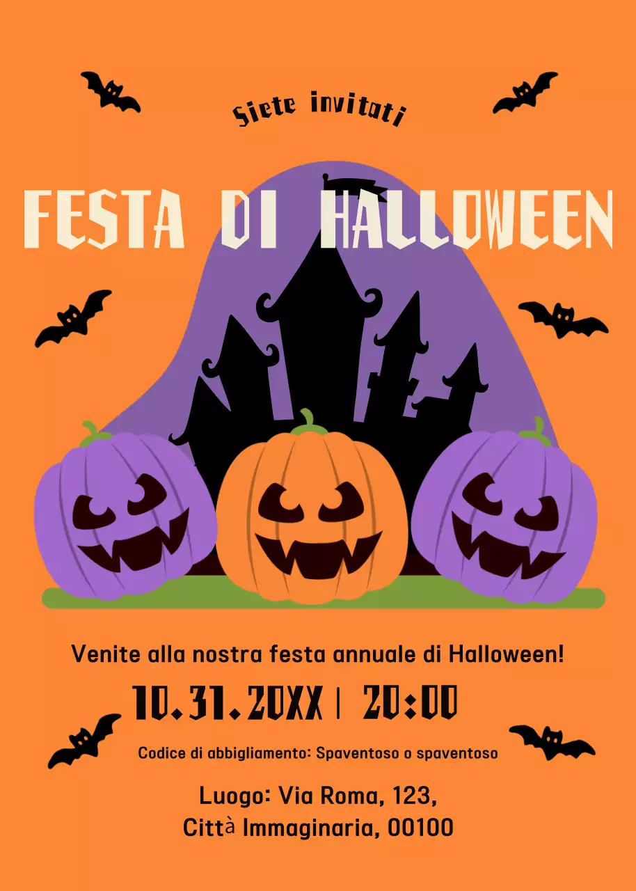 Invito alla festa di Halloween nero arancione viola