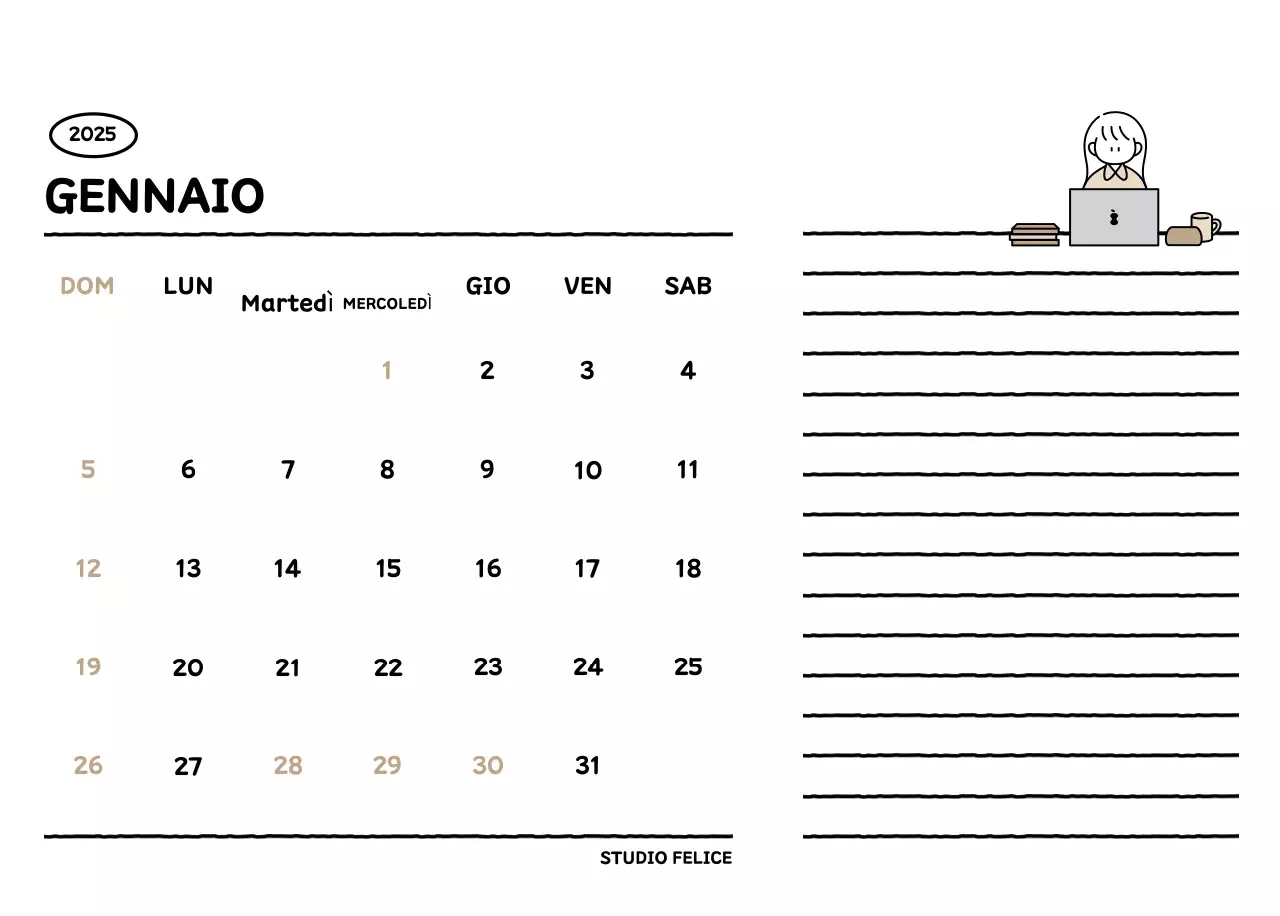 Calendario illustrato con un grazioso stile di linee