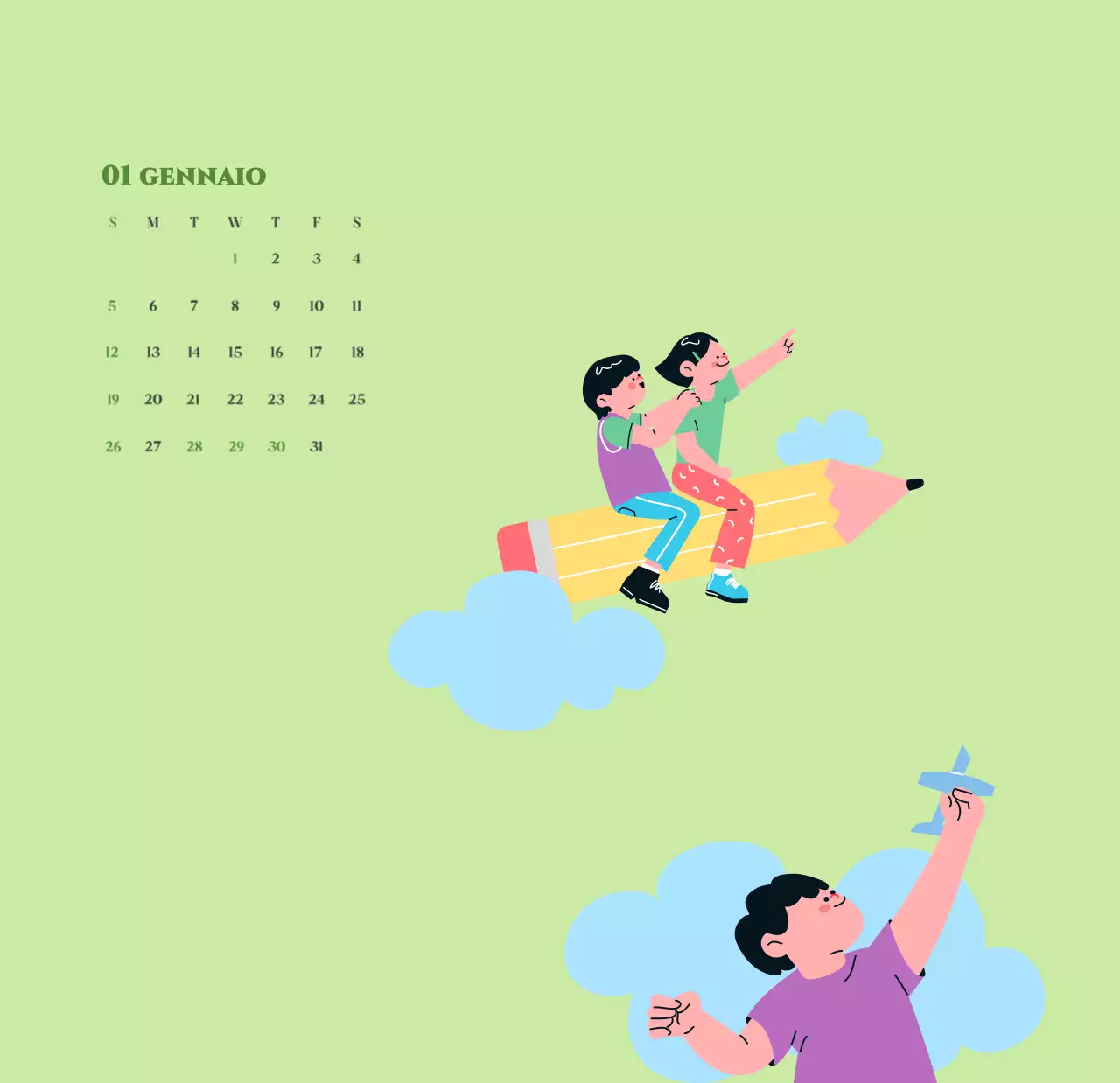 Calendario con illustrazioni giovanili su sfondo giallo-verde