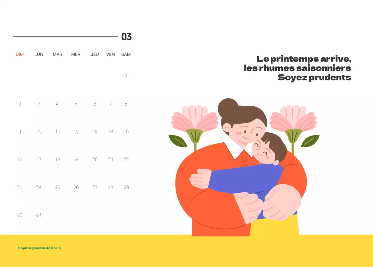 Un hôpital festif avec des illustrations sur le thème de la santé et de la famille et des accents colorés.