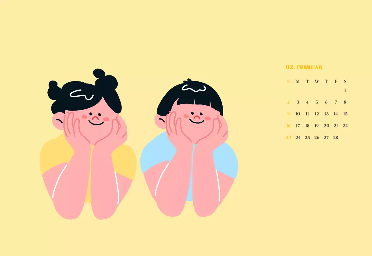 Kalender mit Jugendillustrationen auf gelb-grünem Hintergrund