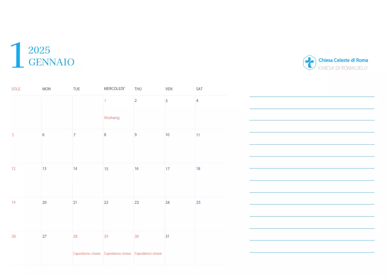 Calendario ecclesiastico blu di concezione moderna