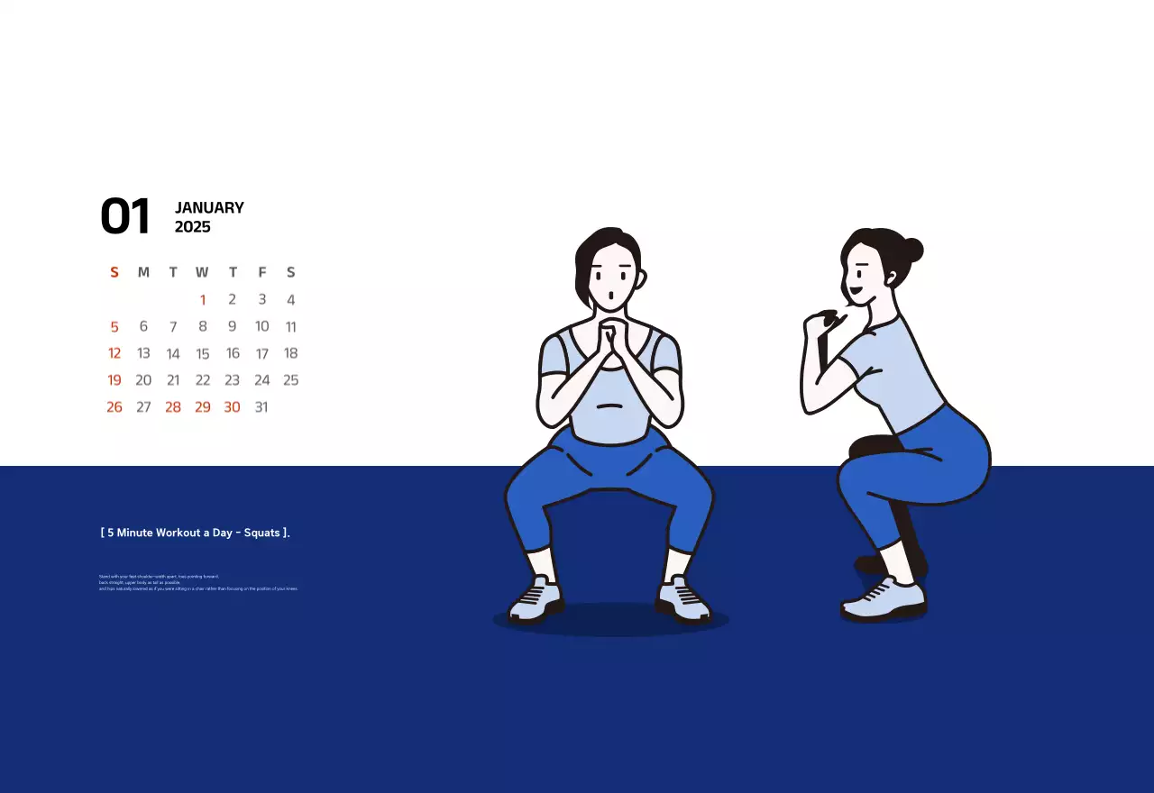 Simple calendar with blue, clean illustrations