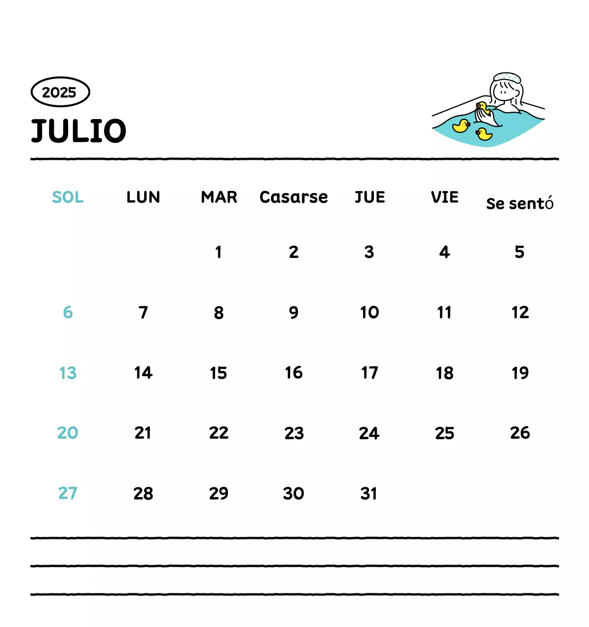 Calendario ilustrado con un bonito estilo de líneas