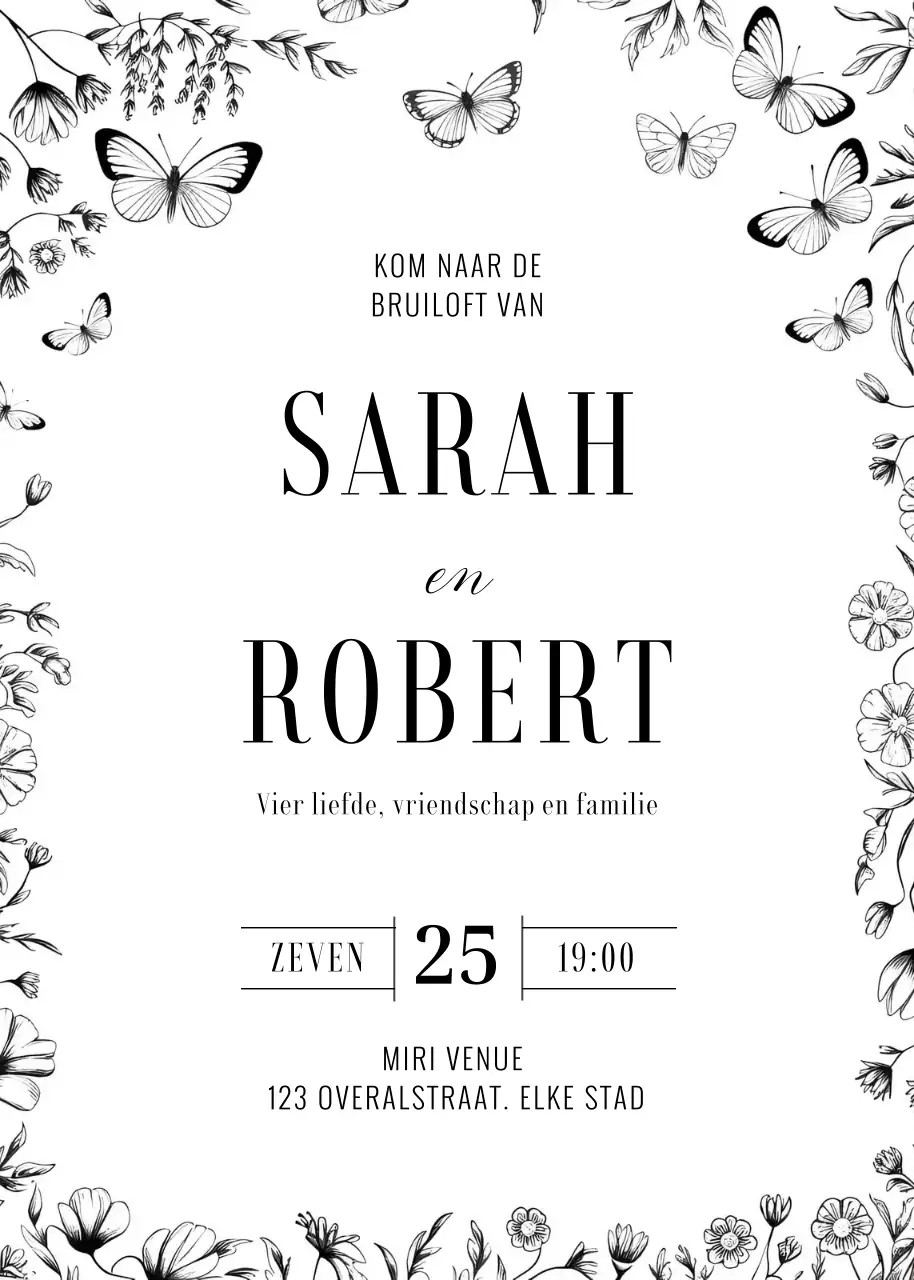 Zwart witte huwelijksuitnodiging elegante stijl