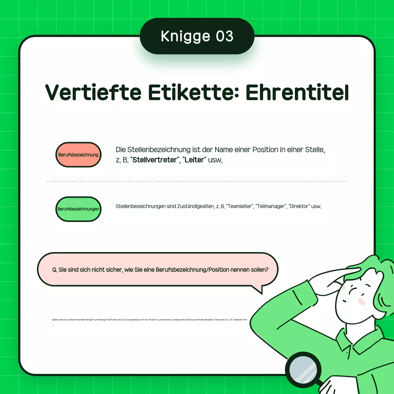 Grünes und einfaches Schulungsmaterial für Umgangsformen am Arbeitsplatz