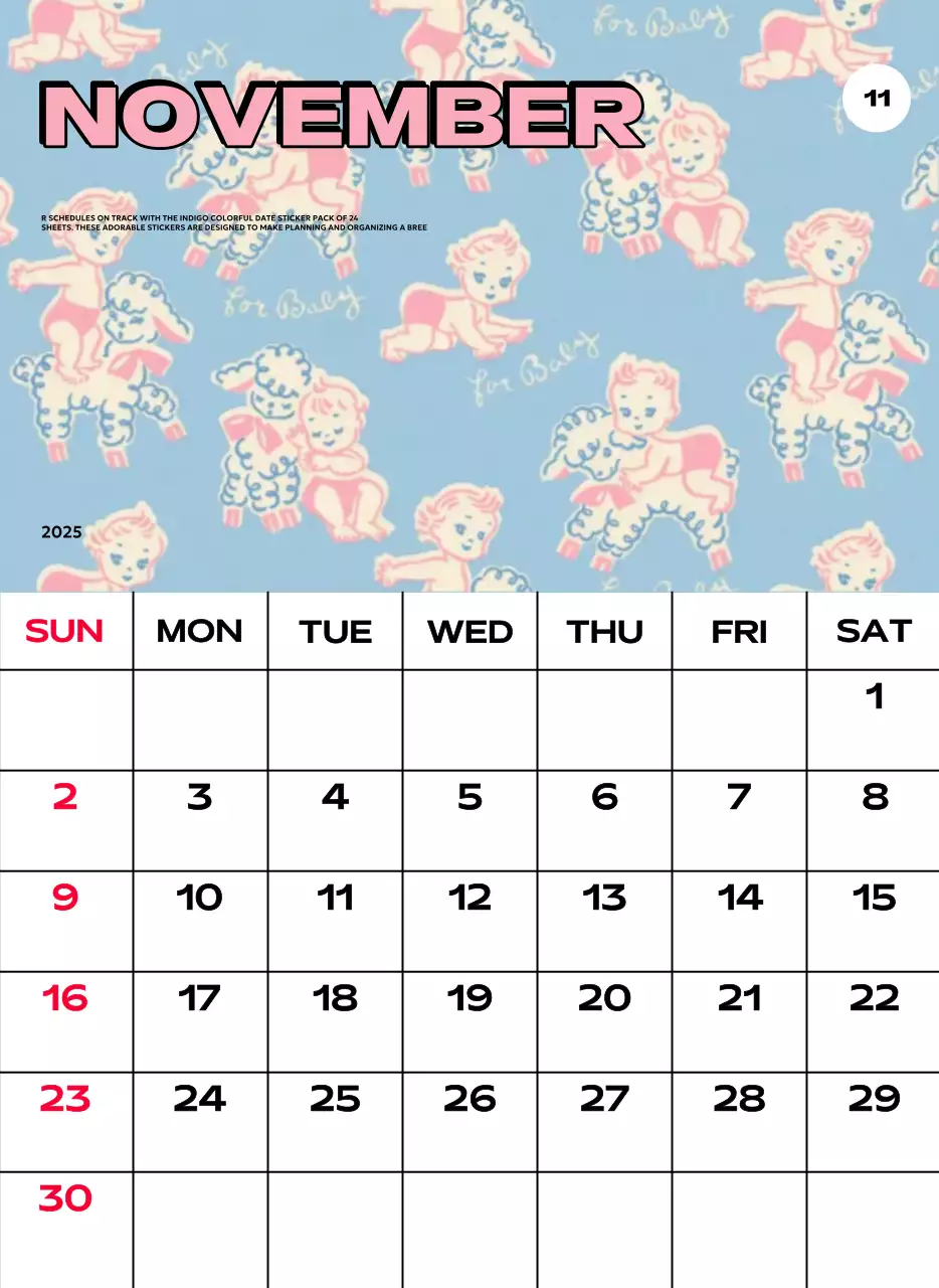 Kalender penuh warna dengan berbagai ilustrasi retro
