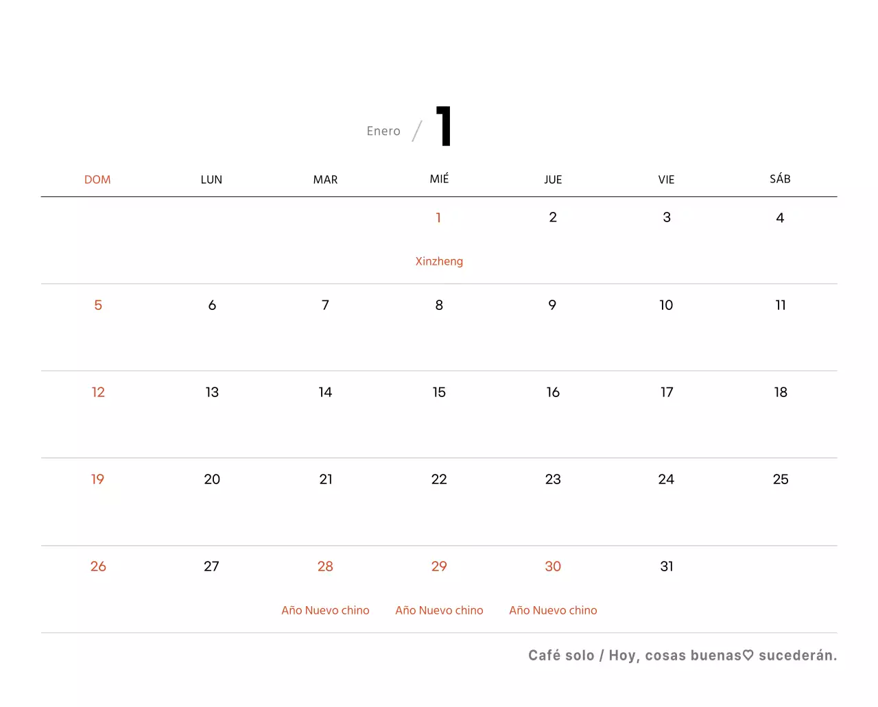 Sencillo calendario de sobremesa con fotos de cafés en tonos blancos