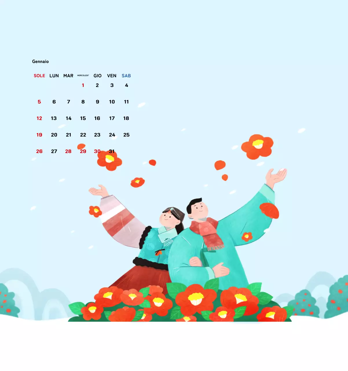 Calendario di Capodanno con una calda illustrazione