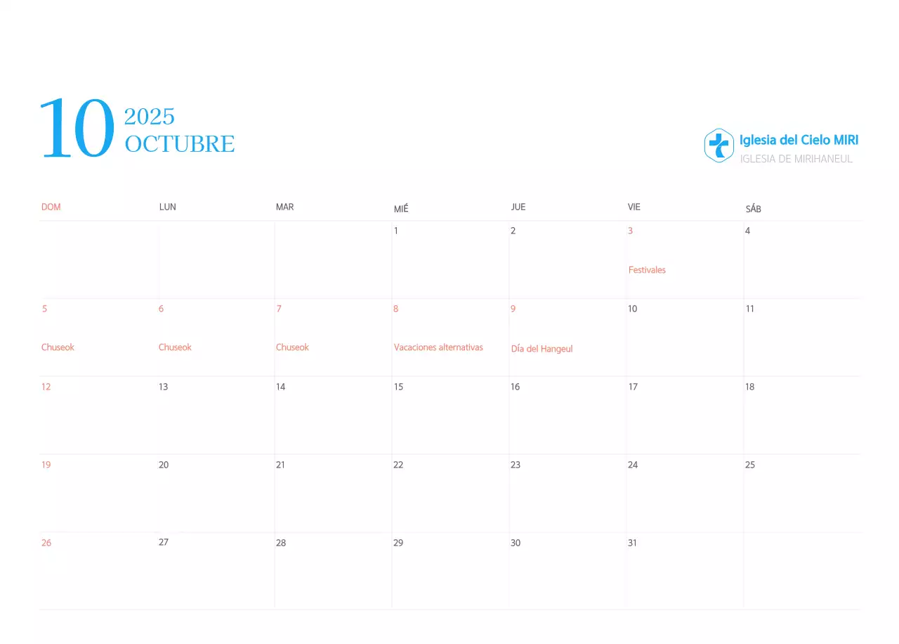 Calendario eclesiástico azul de concepto moderno