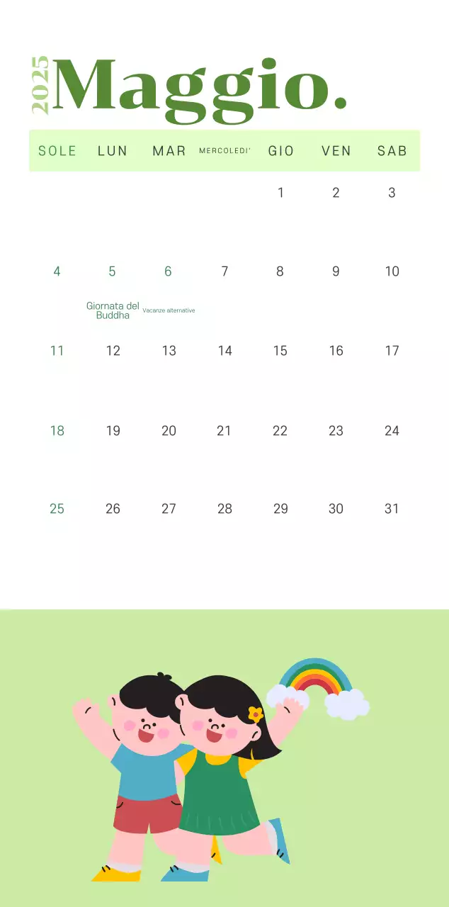 Calendario con illustrazioni giovanili su sfondo giallo-verde
