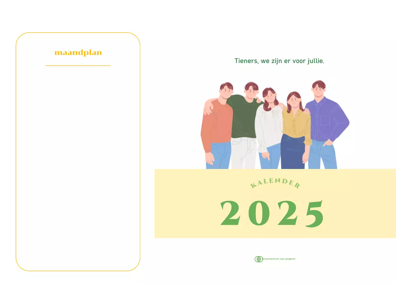 Kalender met jeugdillustraties op een geelgroene achtergrond