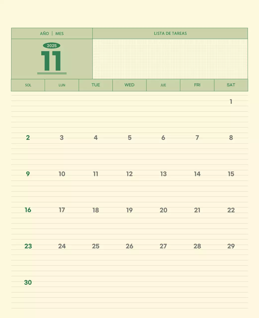 SAT Calendario de pared con concepto de bloc de notas del Día D en verde y amarillo claro