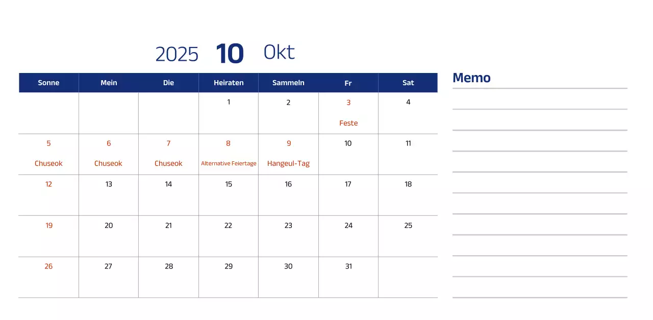 Einfacher Kalender mit blauen, klaren Illustrationen