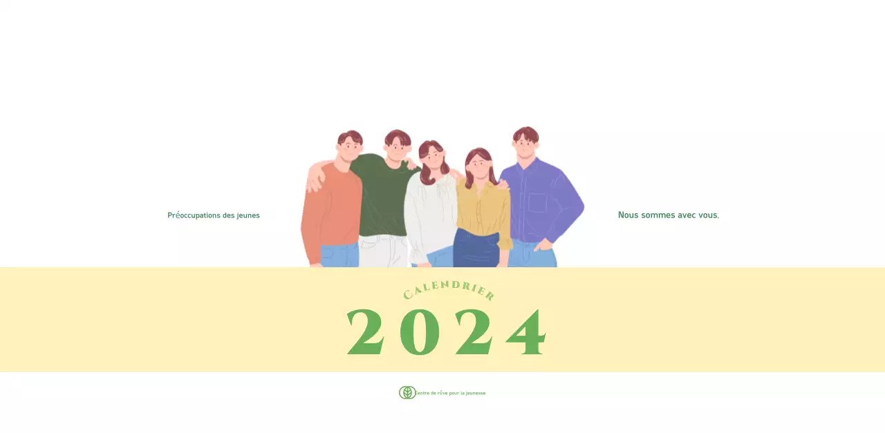 Calendrier avec illustrations de jeunes sur fond jaune-vert