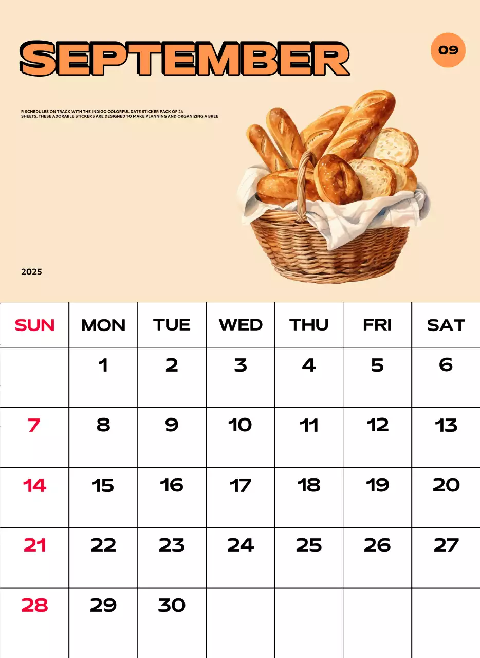 Kalender penuh warna dengan berbagai ilustrasi retro