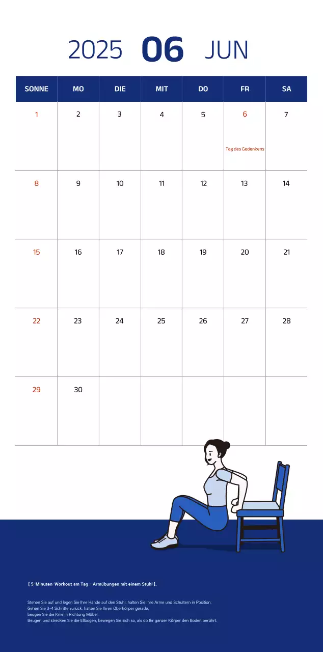 Einfacher Kalender mit blauen, klaren Illustrationen