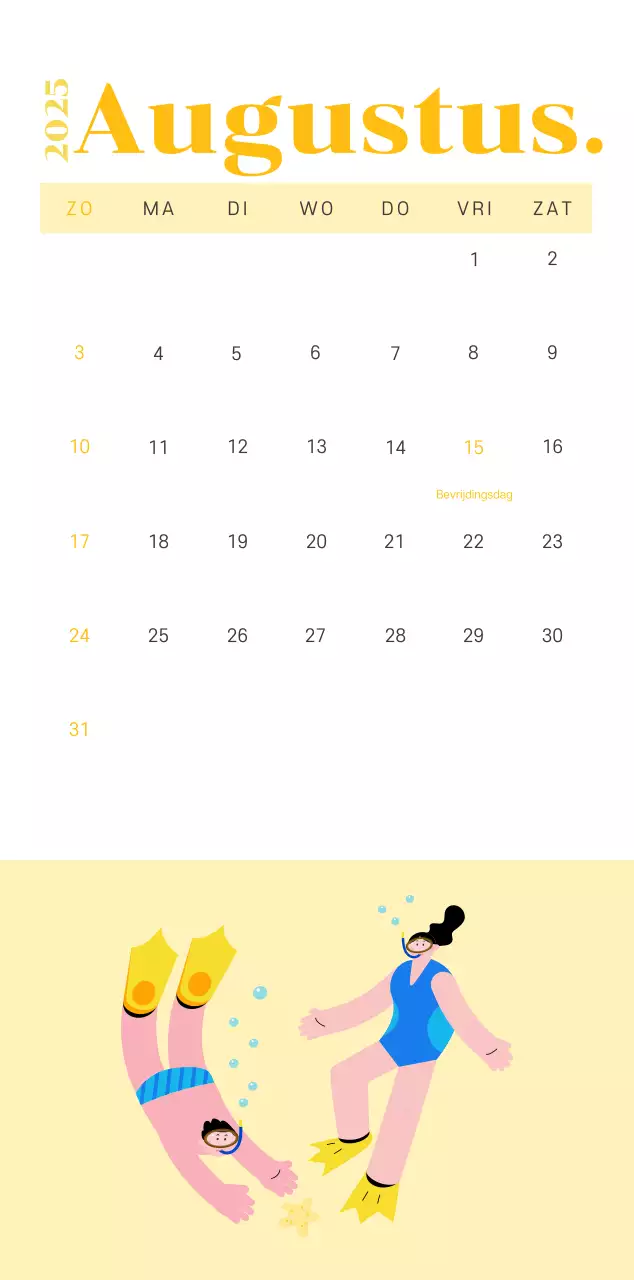 Kalender met jeugdillustraties op een geelgroene achtergrond